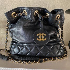 CHANEL Black Lambskin Leather Drawstring Bucket Shoulder Bag - FREE SHIPPING!